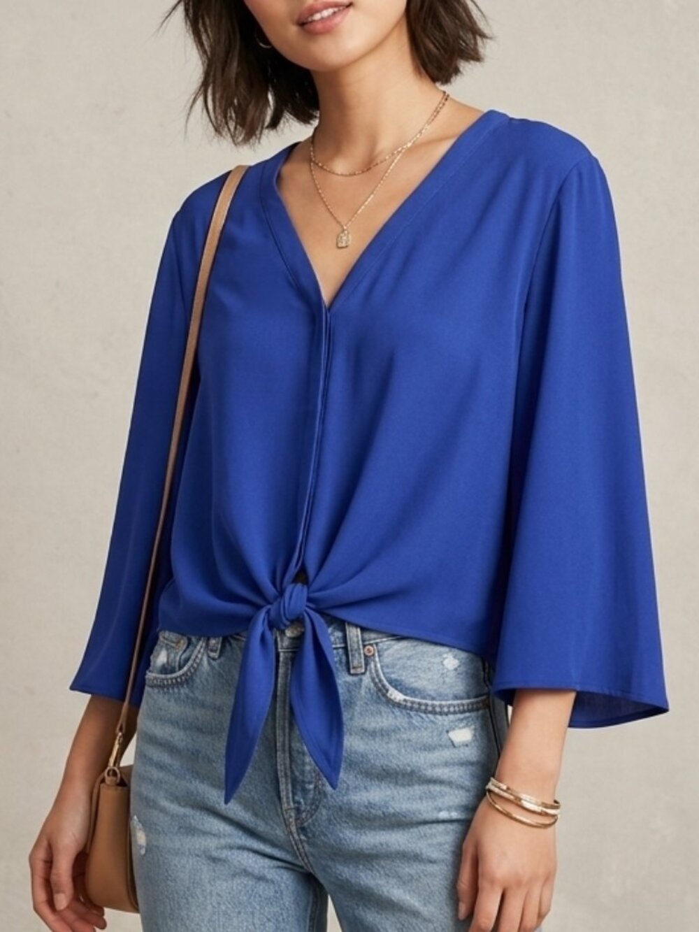 Monk & Lou Royal Blue V-Neck Front Tie Hem Wide Sleeve Blouse Sz M